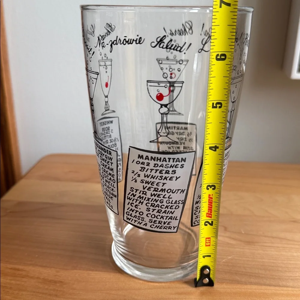 Vintage MCM Cocktail Recipe Mixing Glass Multi-Language Cheers Barware (No Lid)